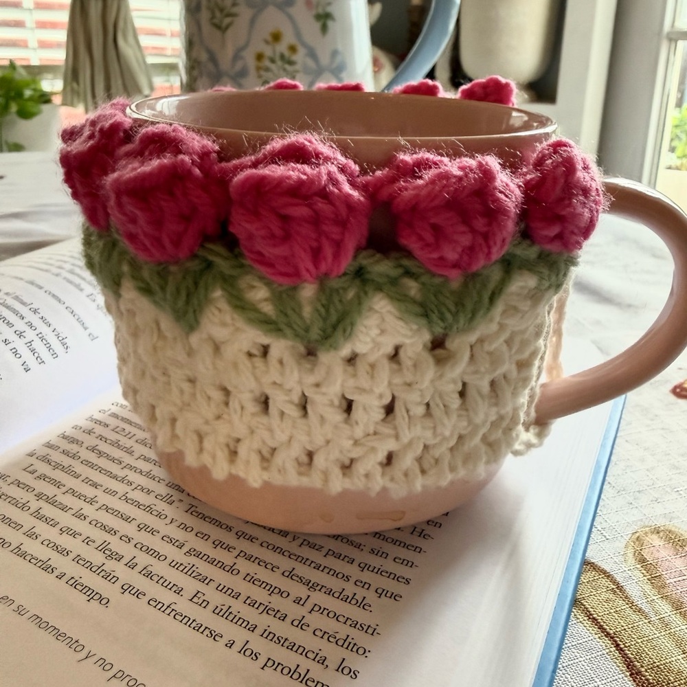 Handmade Crochet Pink Rose Mug Cozy - Floral Cup Sleeve / Warmer - Picture 4 of 6